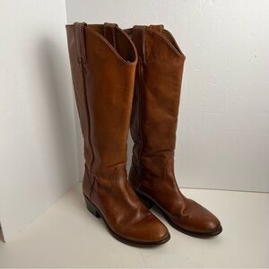 Frye Carson Leather Boots Women’s 7M Knee-High Pull On Cognac Brown Almond Toe